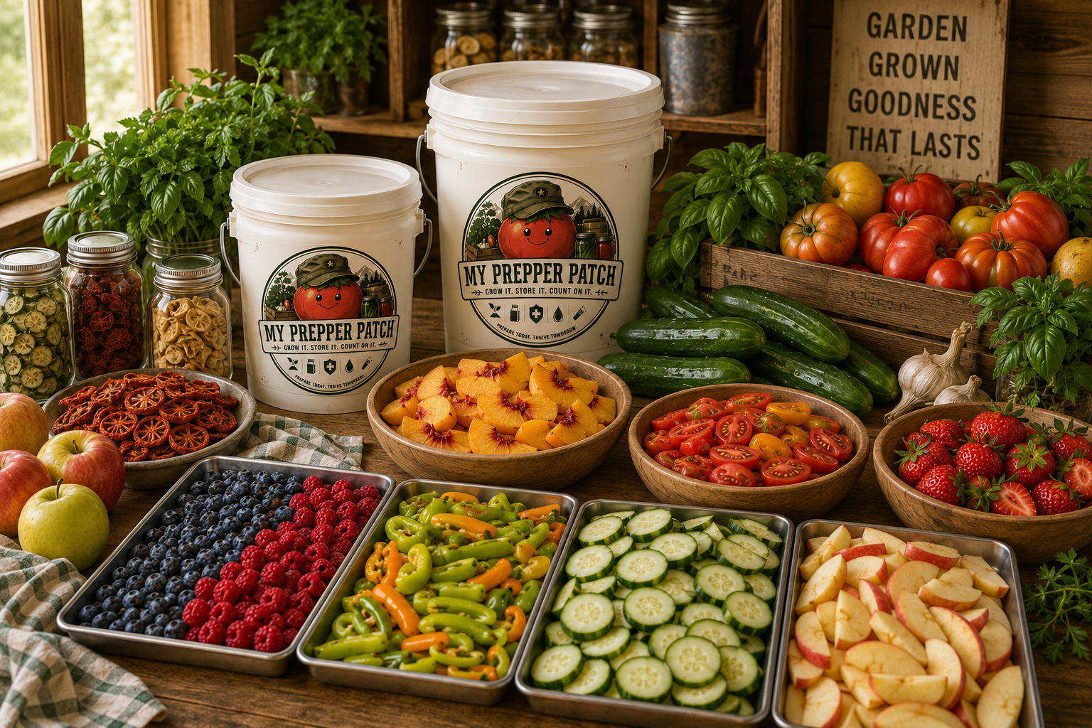 Two My Prepper Patch buckets, The Patch and The Big Patch, on a rustic pantry shelf with mason jars, fresh produce, and a 'Garden Grown Goodness That Lasts' sign